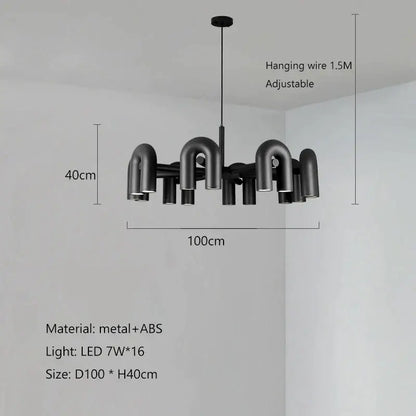 Modern black metal decorbites led macaron pendant chandelier with 16 circular led lights in u shape design