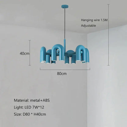 Modern teal-colored pendant chandelier with sleek industrial u-shaped metal and abs design decorbites led macaron lamp