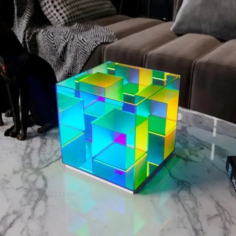 DecorBites led magic cube acrylic table lamp with vibrant geometric design and shifting rainbow hues for desk use