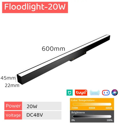 Black rectangular 600mm led floodlight bar floodlight 20w with magnetic track for decorbites led magnetic track light