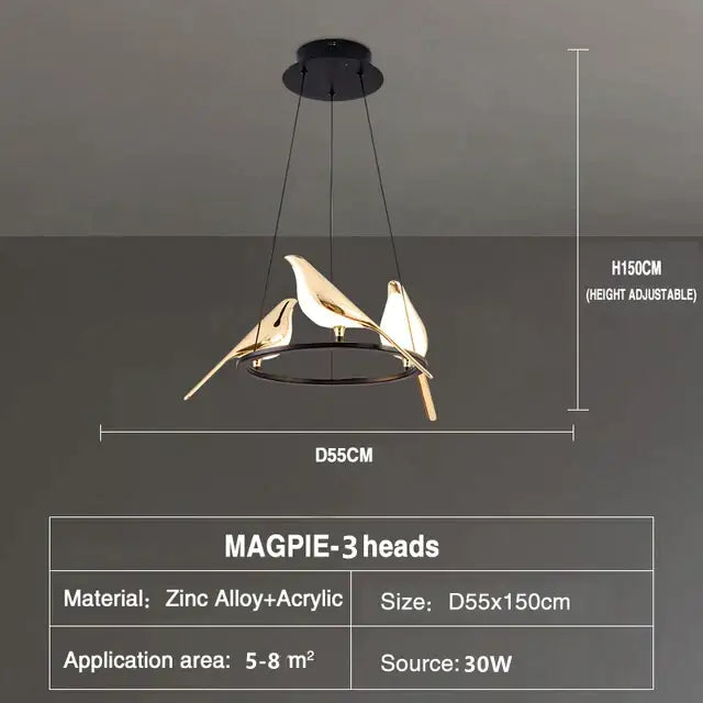 Decorbites led magpie bird pendant light chandelier in gold and white zinc alloy and acrylic for living and dining room