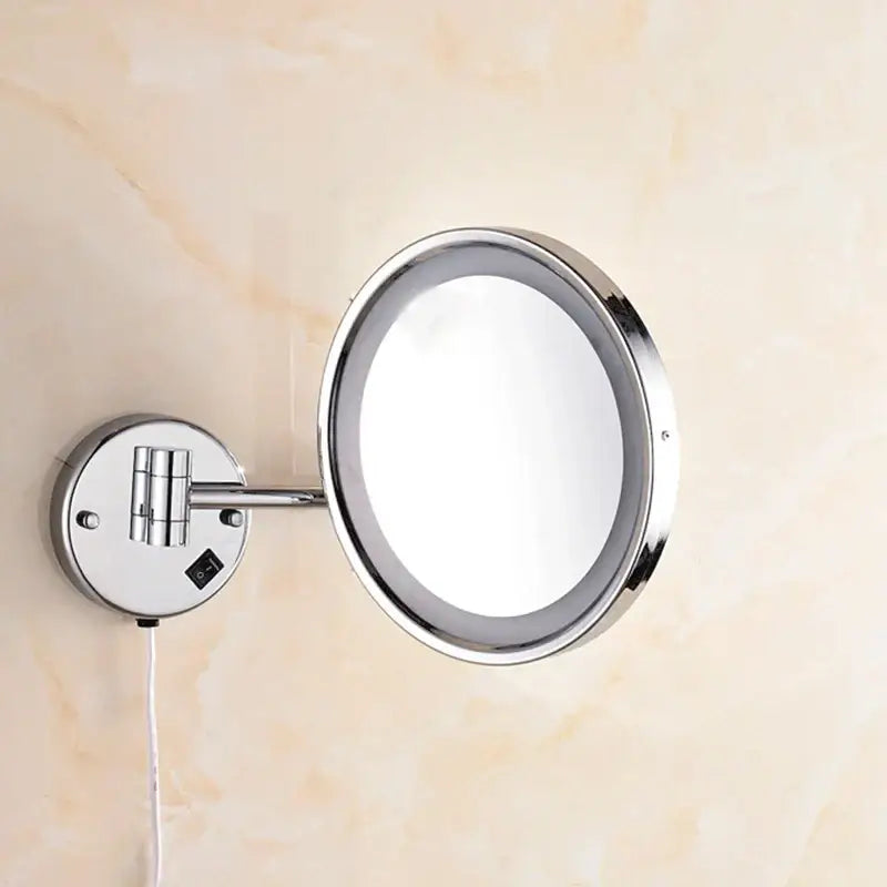 Chrome-finished decorbites led makeup mirror with 8 inch round illuminated face and adjustable wall-mounted arm