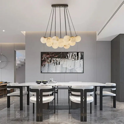 DecorBites led marble balls chandelier with frosted glass orbs and black cords for dining room lighting