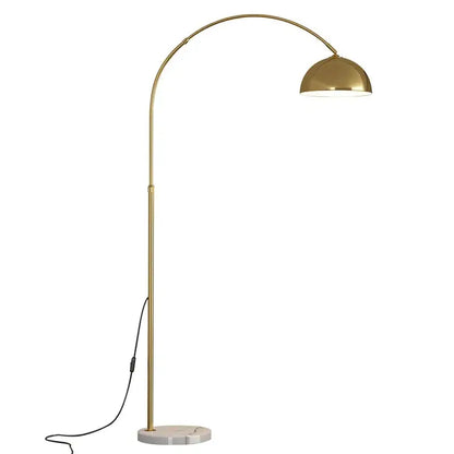 Gold-finished decorbites led marble floor lamp with arched design and polished dome shade for modern living room lighting