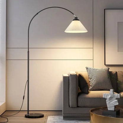 Black arched floor lamp with white pleated shade and marble base from decorbites led marble for modern lighting