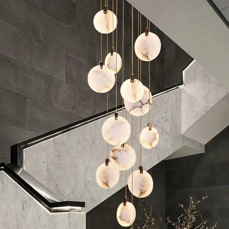 DecorBites™ LED marble pendant lamp with off-white spherical shades and gold cords for modern living room lighting