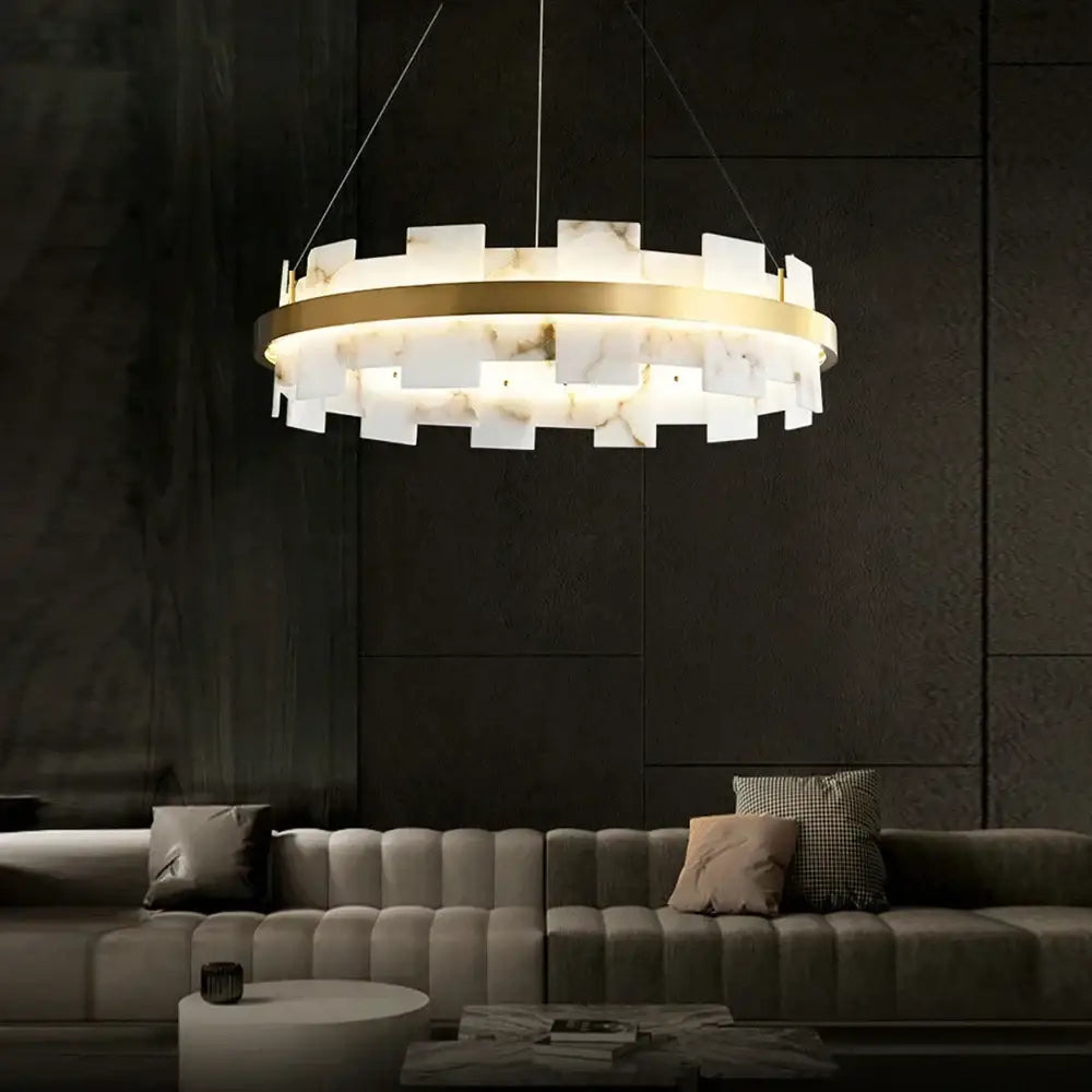 A modern decorbites led marble chandelier featuring a gold-toned metal frame and illuminated white marble slabs