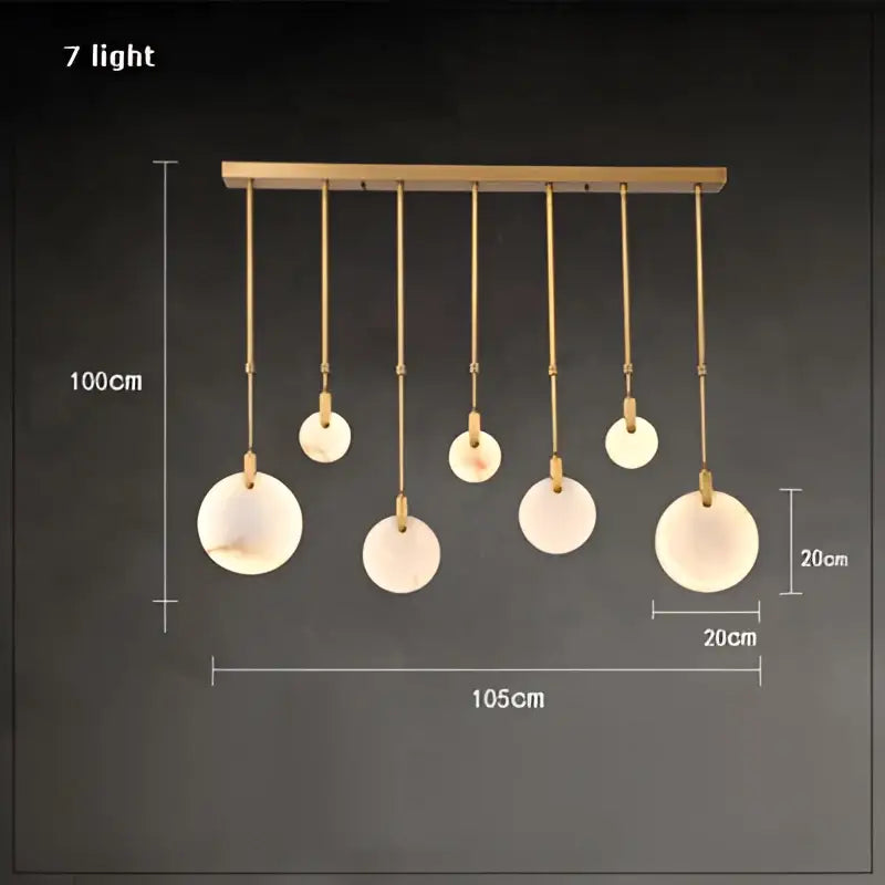 Decorbites led marble gold chandelier featuring seven frosted glass globes on a gold-toned modern horizontal bar