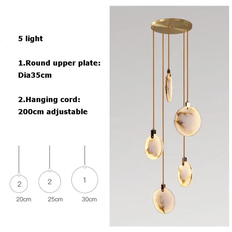 Modern five-light decorbites led marble gold chandelier with amber glass shades and brass finish for living room lighting