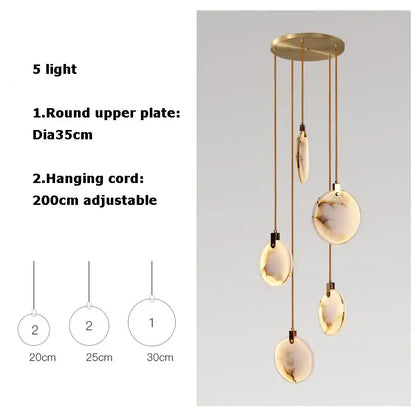 Modern five-light decorbites led marble gold chandelier with amber glass shades and brass finish for living room lighting