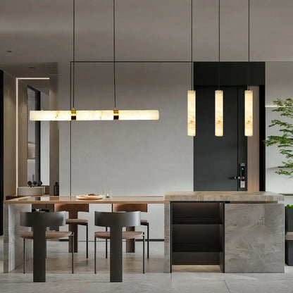 Modern minimalist decorbites™ led marble hanging lamps with cylindrical white alabaster shades and black cords