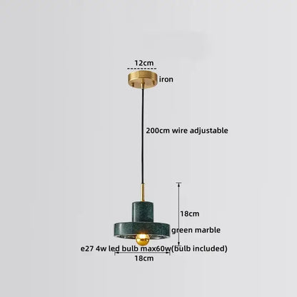 Green marble pendant lamp with brass iron ceiling mount and adjustable black wire by DecorBites LED marble series