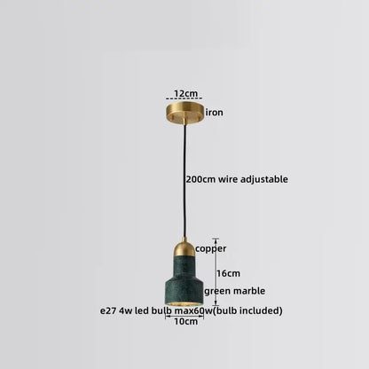 Decorbites led marble pendant lamp with sleek green marble shade, brass-finished mount, copper accents, and adjustable wire