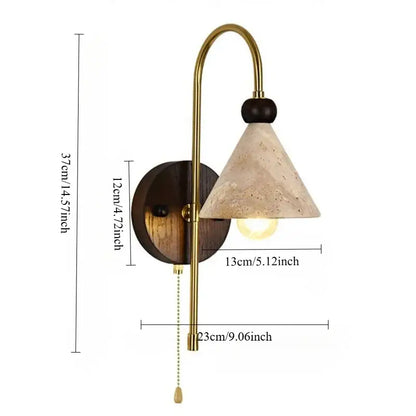 Brass-finished decorbites led marble wall light with textured beige concrete shade and dark wood backplate for indoor use
