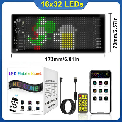 A sleek black decorbites led matrix panel with 16x32 leds displaying a colorful beer mug and heart via bluetooth control