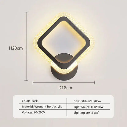 Black decorbites led metal acrylic wall light with glowing textured frame and wrought iron base for modern decor
