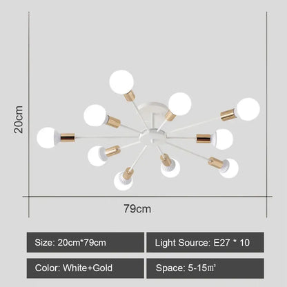 Modern white and gold starburst ceiling light with ten e27 bulbs by DecorBites led metal chandeliers for living room
