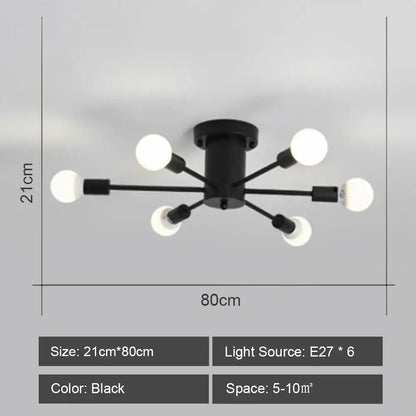Black DecorBites LED metal ceiling light with six spherical bulbs in a radial pattern for living room decor