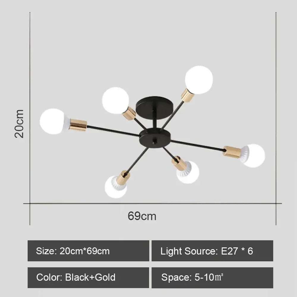 Black and gold decorbites led metal chandeliers ceiling light with six spherical bulbs for living room decor