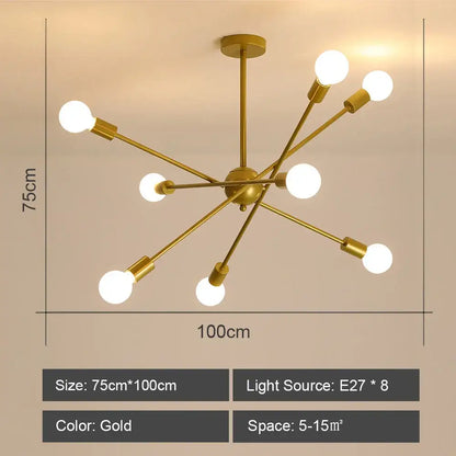 Gold-colored DecorBites LED metal chandelier with eight spherical bulbs is a stylish ceiling light for living room decor