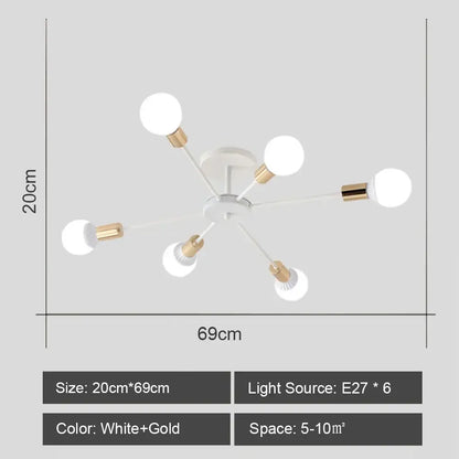 Modern white and gold six-arm decorbites led metal ceiling light fixture with spherical bulbs for living room decor