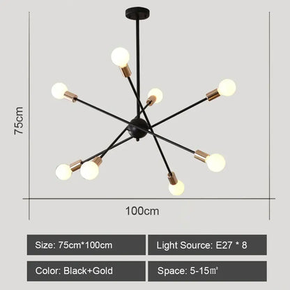 Black and gold decorbites led metal chandelier with eight exposed bulb lights for stylish living room ceiling light