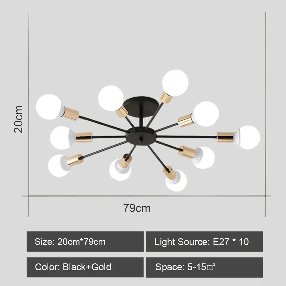 Black and gold decorbites led metal chandelier with ten white spherical bulbs stylish ceiling light for living room decor