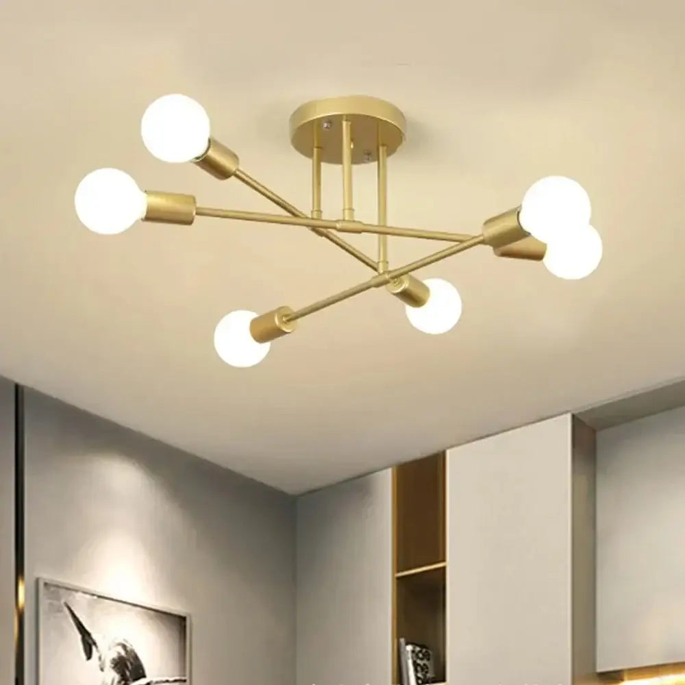 Modern gold-toned decorbites led metal ceiling light fixture with six spherical bulbs in geometric branching design
