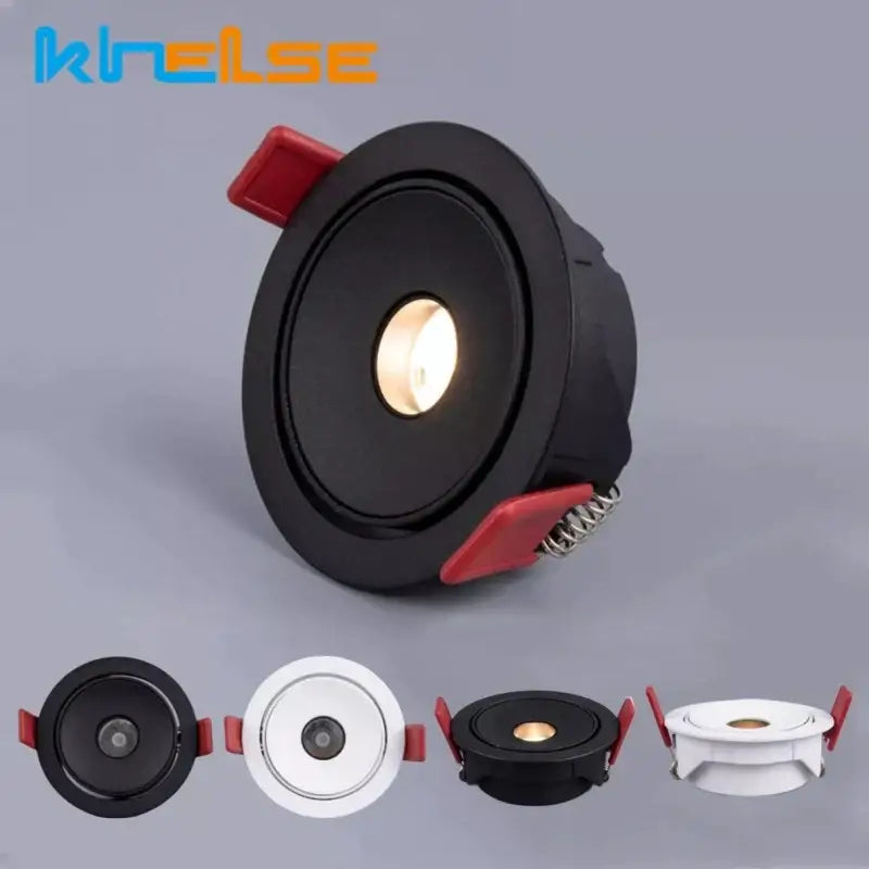 Black DecorBites LED Mini ceiling downlight with red mounting tabs and warm glow for cabinets and showcases