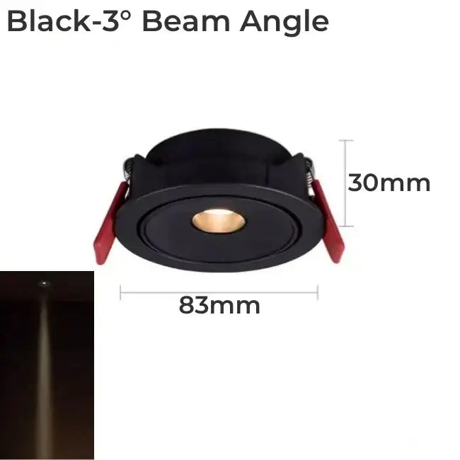 Black decorbites led mini ceiling downlight with 3-degree beam angle and red adjustment arms for cabinets and showcases