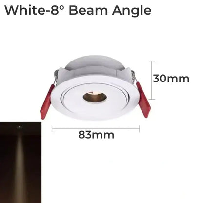 White recessed decorbites led mini ceiling downlight with 8° beam angle and red mounting clips for cabinets and showcases