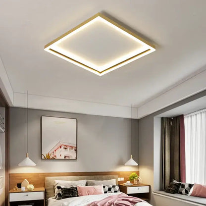 Modern square led minimalist chandelier by decorbites with golden finish and soft white illumination for living room and bedroom