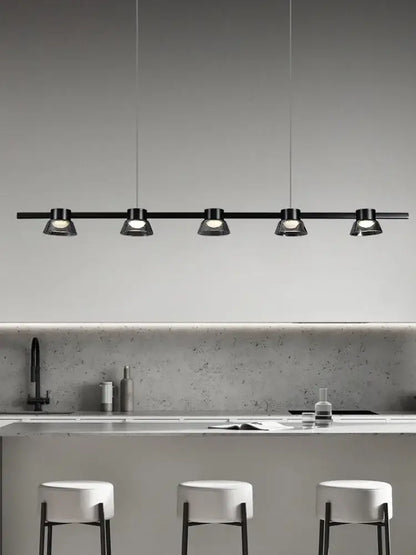 Black linear DecorBites LED minimalist pendant lights with five sleek spotlights for kitchen island decor