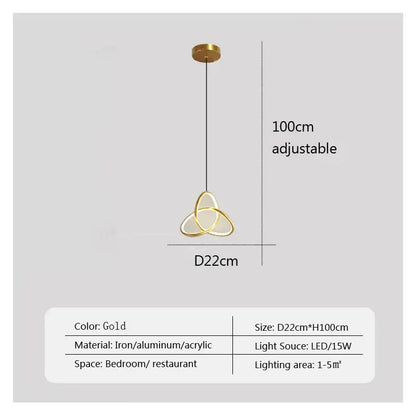 Gold-colored DecorBites LED minimalist pendant light with triple-looped iron aluminum and acrylic design for modern decor