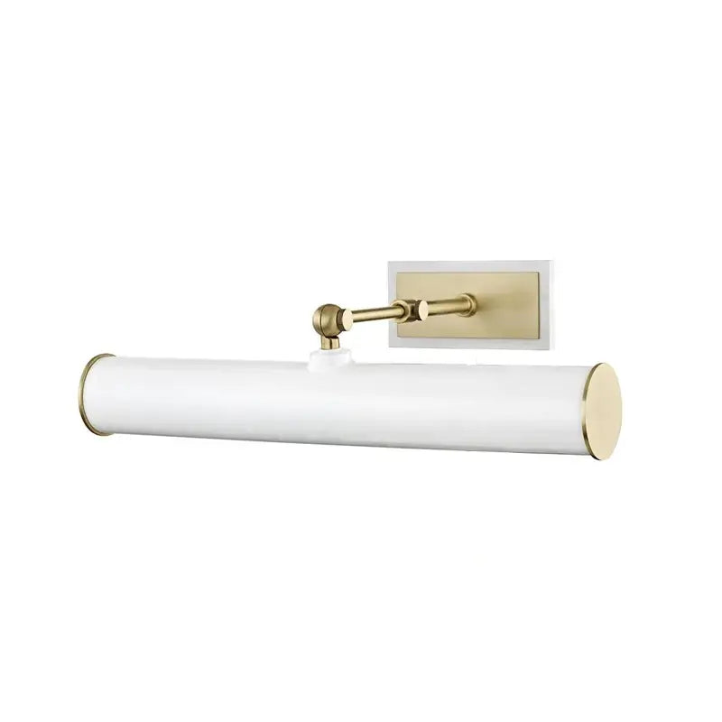 A sleek white cylindrical wall sconce with gold accents and brass backplate for decorbites™ led mirror cabinet lighting