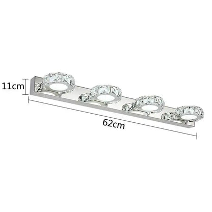 Silver chrome finished decorbites led mirror wall lamp with four crystal encrusted circular led bulbs for bathroom vanity