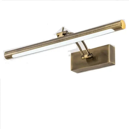 Antique brass-finished led mirror light with adjustable arm and sleek rectangular design for bathroom wall decor