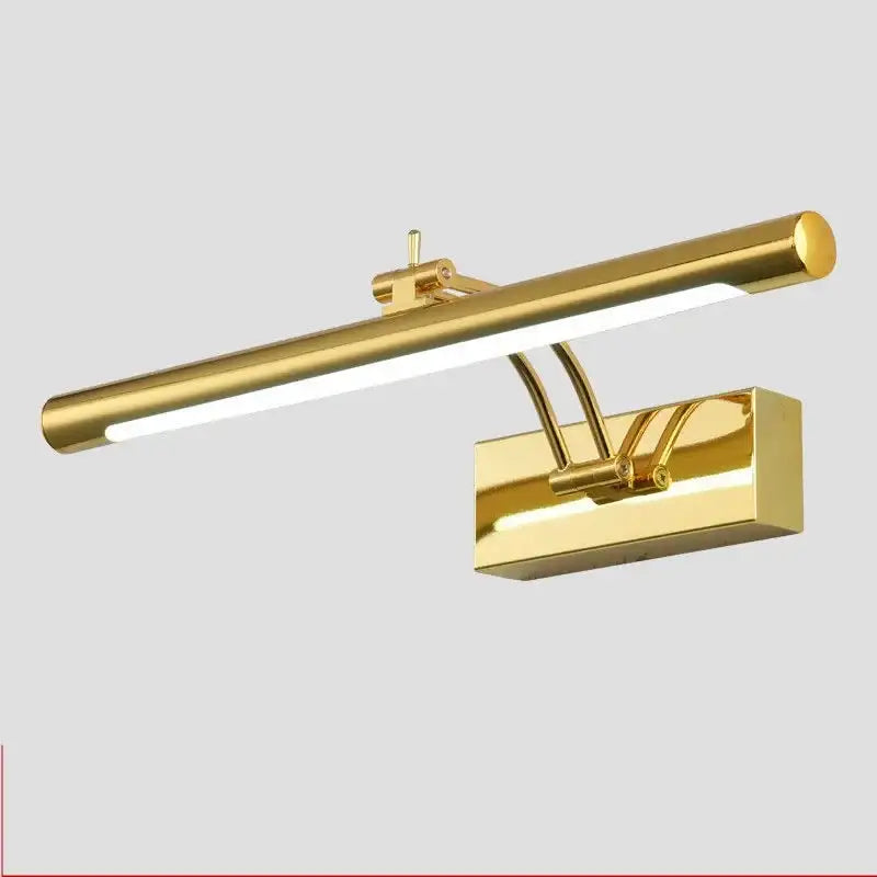 Gold-finished rectangular led mirror light with integrated led strip for bathroom wall decor by decorbites