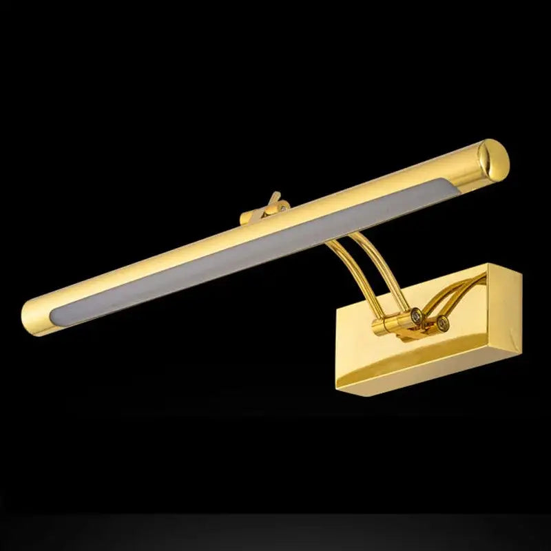 Gold-finished decorbites led mirror light with elongated rectangular design and curved arms for bathroom wall decor