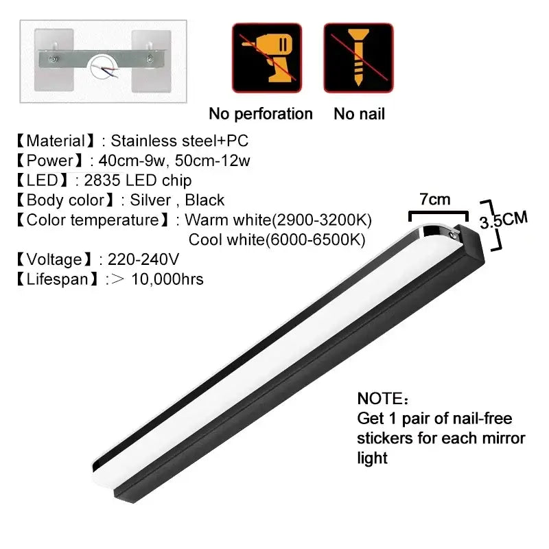 Silver and black stainless steel decorbites led mirror light with warm white and cool white illumination for vanity use