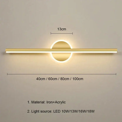 Modern gold-toned decorbites led mirror wall lamp with sleek horizontal bar and circular led mirror light fixture