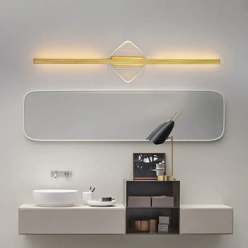 Modern gold-toned linear wall lamp with geometric diamond-shaped light for decorbites led mirror wall installation