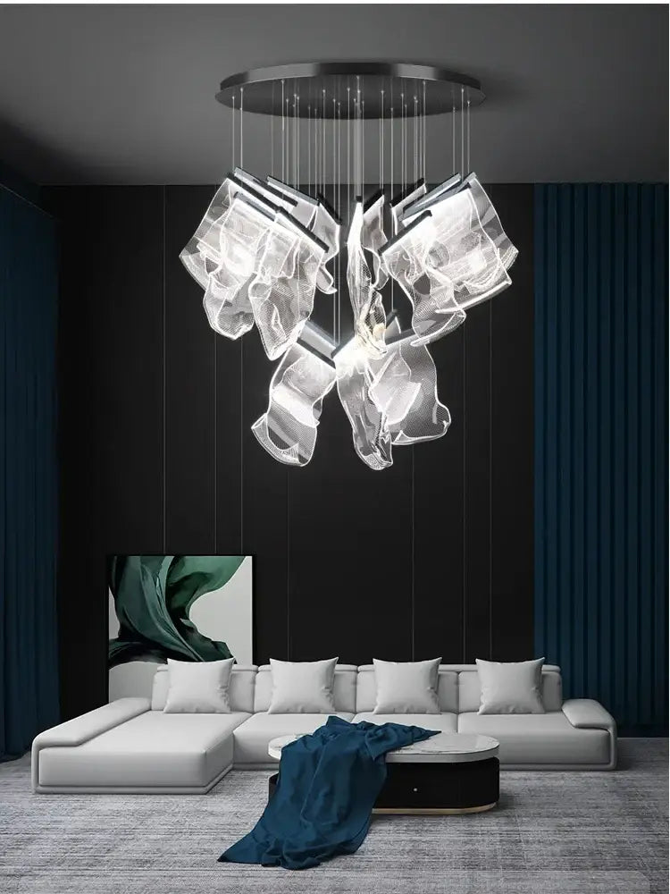 Modern ceiling chandelier by DecorBites LED modern with black circular mount and cascading translucent glass for living room