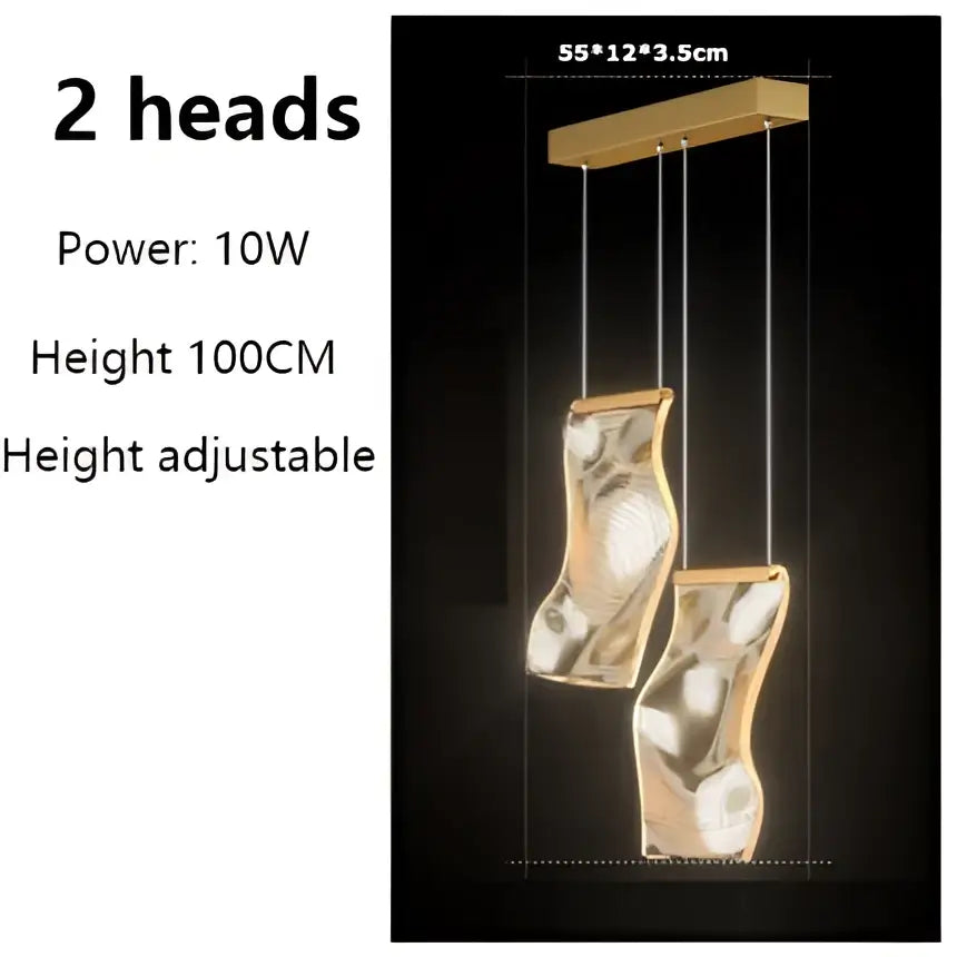 Gold-toned decorbites led modern ceiling chandelier with two sculptural heads suspended by thin cords for living spaces