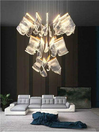 DecorBites LED modern ceiling chandelier with translucent sculptural glass pieces for living room and staircase