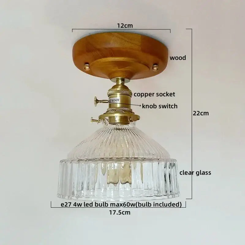 DecorBites™ led modern ceiling light with warm wood base brass copper socket and clear glass shade for living room balcony