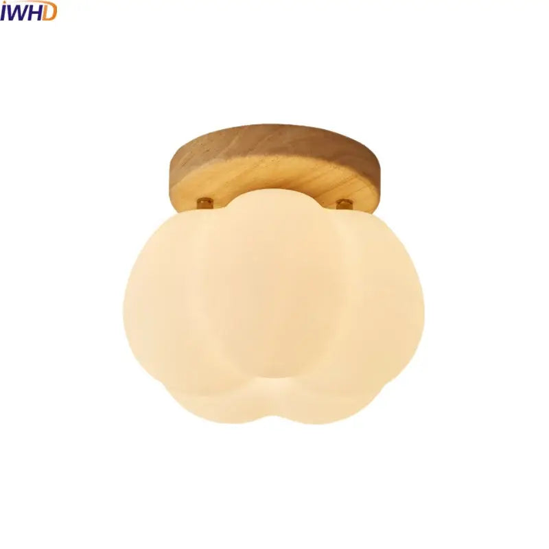 Warm-toned frosted glass pumpkin-shaped ceiling light with natural wood base decorbites led modern ceiling light