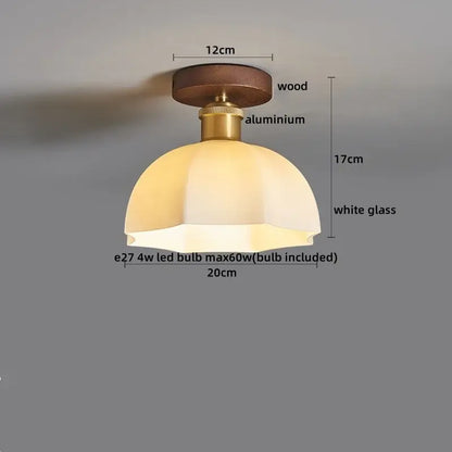 A warm-toned dome-shaped decorbites led modern ceiling light with wooden base and brass aluminum stem for living room