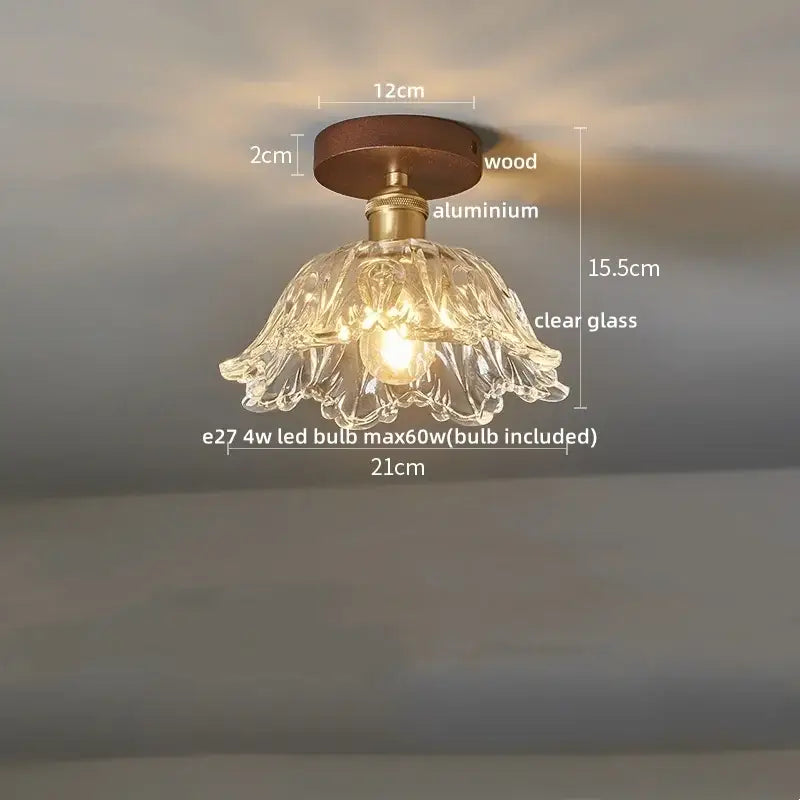 Vintage-style ceiling light with wooden base brass aluminum stem and ornate glass shade by decorbites led modern for indoor use