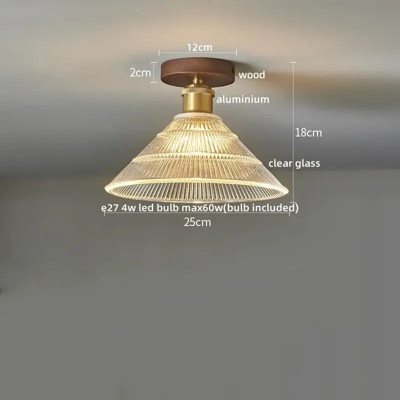 DecorBites led modern ceiling light with warm wooden base, brass aluminum stem, and clear ridged glass shade for living room